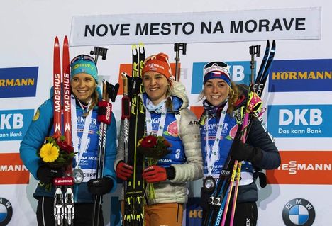 NordicFocus 05.03.2020, Nove Mesto, Czech Republic (CZE):Anais Bescond (FRA), Denise Herrmann (GER), Marketa Davidova (CZE), (l-r) - IBU world cup biathlon, sprint women, Nove Mesto (CZE). www.nordicfocus.com. © Manzoni/NordicFocus. Every downloaded picture is fee-