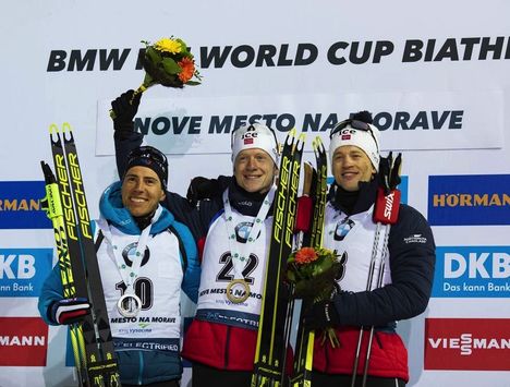 NordicFocus 06.03.2020, Nove Mesto, Czech Republic (CZE):Quentin Fillon Maillet (FRA), Johannes Thingnes Boe (NOR), Tarjei Boe (NOR), (l-r) - IBU World Cup Biathlon, sprint men, Nove Mesto (CZE). www.nordicfocus.com. © Manzoni/NordicFocus. Every downloaded picture