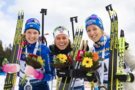 NordicFocus 08.03.2020, Nove Mesto, Czech Republic (CZE):Hanna Oeberg (SWE), Tiril Eckhoff (NOR), Franziska Preuss (GER), (l-r) - IBU world cup biathlon, mass women, Nove Mesto (CZE). www.nordicfocus.com. © Manzoni/NordicFocus. Every downloaded picture is fee-liabl
