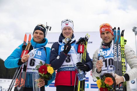 NordicFocus 08.03.2020, Nove Mesto, Czech Republic (CZE):Emilien Jacquelin (FRA), Johannes Thingnes Boe (NOR), Arnd Peiffer (GER), (l-r) - IBU world cup biathlon, mass men, Nove Mesto (CZE). www.nordicfocus.com. © Manzoni/NordicFocus. Every downloaded picture is fe