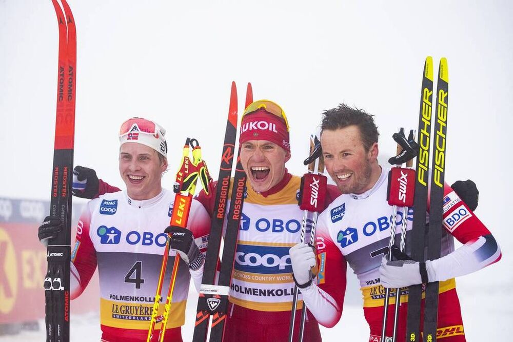 08.03.2020, Oslo, Norway (NOR):Simen Hegstad Krueger (NOR), Alexander Bolshunov (RUS), Emil Iversen (NOR), (l-r)  - FIS world cup cross-country, mass men, Oslo (NOR). www.nordicfocus.com. © Modica/NordicFocus. Every downloaded picture is fee-liable.