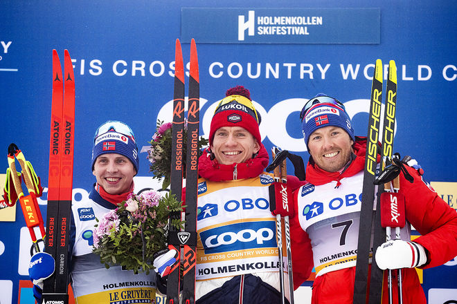 ALEXANDER BOLSHUNOV (mitten) vann Holmenkollens femmil igen. Nu före Simen Hegstad Krüger (tv) och Emil Iversen. Foto: NORDIC FOCUS