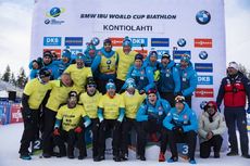 NordicFocus 14.03.2020, Kontiolahti, Finland (FIN):Vincent Vittoz (FRA), coach team France, Simon Desthieux (FRA), Martin Fourcade (FRA), Patrick Favre (ITA), Quentin Fillon Maillet (FRA), Fabien Claude (FRA), Emilien Jacquelin (FRA), (l-r) - IBU world cup biathlon