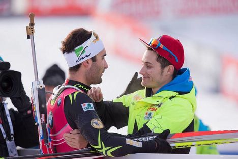NordicFocus 14.12.2014, Hochfilzen, Austria (AUT): Martin Fourcade (FRA), Alexis Boeuf (FRA)- IBU world cup biathlon, pursuit men, Hochfilzen (AUT). www.nordicfocus.com. © Manzoni/NordicFocus. Every downloaded picture is fee-liable.
