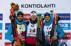 NordicFocus 12.03.2020, Kontiolahti, Finland (FIN):Martin Fourcade (FRA), Johannes Thingnes Boe (NOR), Emilien Jacquelin (FRA), (l-r) - IBU World Cup Biathlon, sprint men, Kontiolahti (FIN). www.nordicfocus.com. © Manzoni/NordicFocus. Every downloaded picture is f