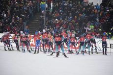 NordicFocus 12.01.2020, Oberhof, Germany (GER):Martin Fourcade (FRA), Tarjei Boe (NOR), Johannes Dale (NOR), Simon Desthieux (FRA), Julian Eberhard (AUT), Lukas Hofer (ITA), (l-r) - IBU world cup biathlon, mass men, Oberhof (GER). www.nordicfocus.com. © Manzoni/No