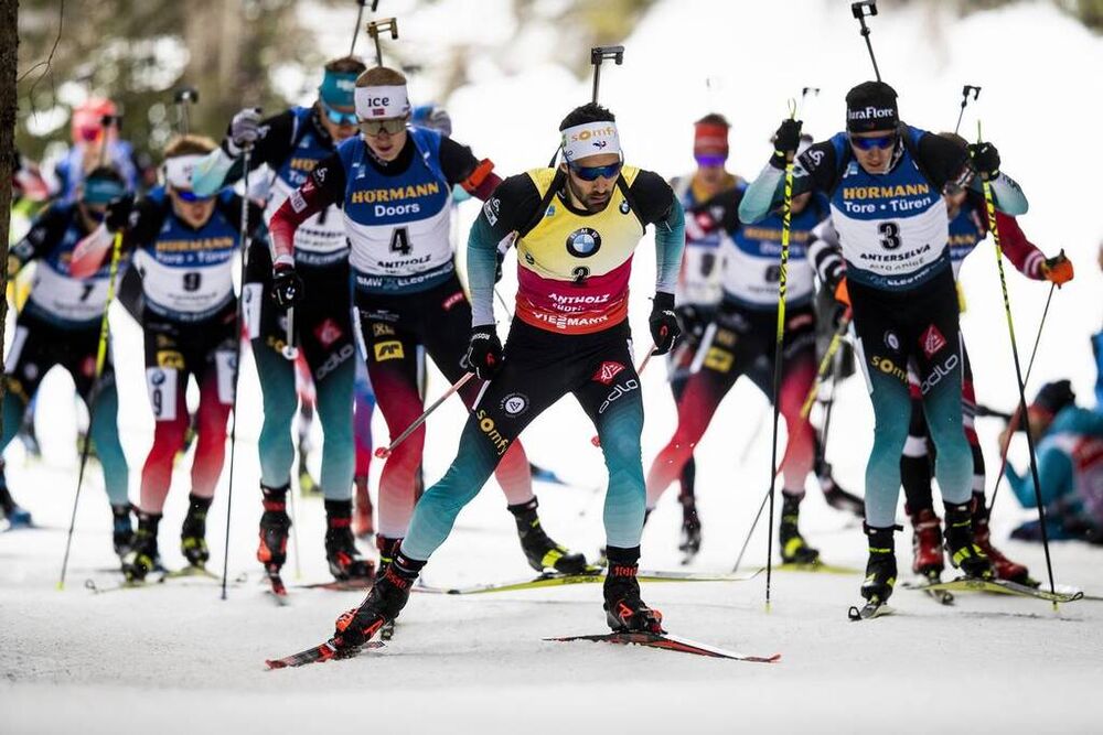 23.02.2020, Antholz, Italy (ITA):Johannes Thingnes Boe (NOR), Martin Fourcade (FRA), Quentin Fillon Maillet (FRA), (l-r) - IBU world championships biathlon, mass men, Antholz (ITA). www.nordicfocus.com. © Modica/NordicFocus. Every downloaded picture is