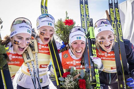 NordicFocus 28.02.2019, Seefeld, Austria (AUT):Ebba Andersson (SWE), Frida Karlsson (SWE), Charlotte Kalla (SWE), Stina Nilsson (SWE), (l-r) - FIS nordic world ski championships, cross-country, 4x5km women, Seefeld (AUT). www.nordicfocus.com. © Modica/NordicFocus.