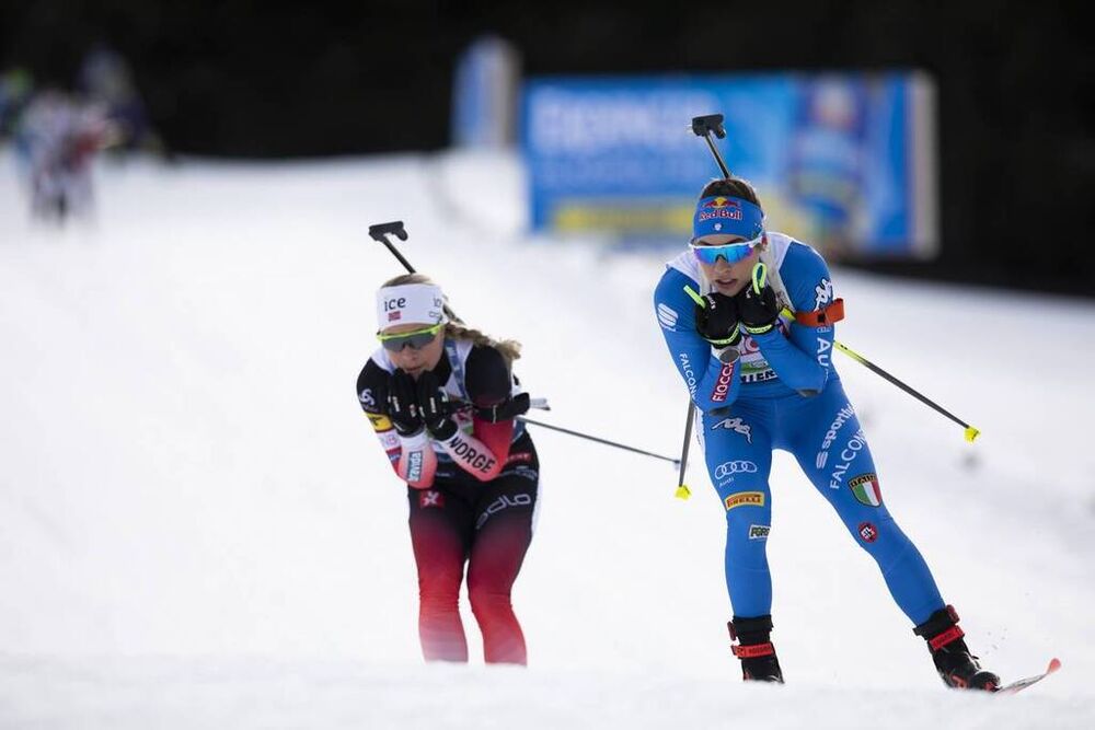 13.02.2020, Antholz, Italy (ITA):Tiril Eckhoff (NOR), Dorothea Wierer (ITAå), (l-r) - IBU World Championships Biathlon, relay mixed, Antholz (ITA). www.nordicfocus.com. © Manzoni/NordicFocus. Every downloaded picture is fee-liable.
