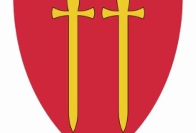 Hægebostads kommunevåpen, to sverd i gult på rød bakgrunn.