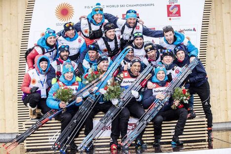 NordicFocus 01.03.2019, Seefeld, Austria (AUT):Adrien Backscheider ((FRA)), Maurice Manificat ((FRA)), Clement Parisse ((FRA)), Richard Jouve ((FRA)), (l-r) - FIS nordic world ski championships, cross-country, 4x10km men, Seefeld (AUT). www.nordicfocus.com. © Modi