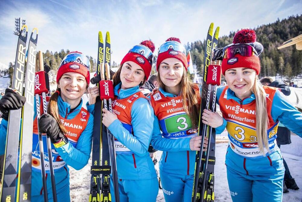 28.02.2019, Seefeld, Austria (AUT):Yulia Belorukova (RUS), Anastasia Sedova (RUS), Anna Nechaevskaya (RUS), Natalia Nepryaeva (RUS), (l-r)  - FIS nordic world ski championships, cross-country, 4x5km women, Seefeld (AUT). www.nordicfocus.com. © Modica/No