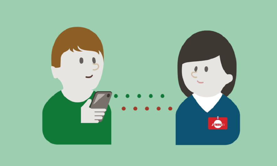 Illustrasjon som viser en som skal søke om sosialhjelp fra mobilen.