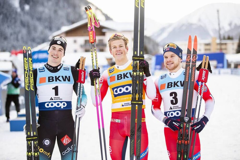 14.12.2019, Davos, Switzerland (SUI):Lucas Chanavat (FRA), Johannes Hoesflot Klaebo (NOR), Haavard Solaas Taugboel (NOR), (l-r)  - FIS world cup cross-country, individual sprint, Davos (SUI). www.nordicfocus.com. © Modica/NordicFocus. Every downloaded p