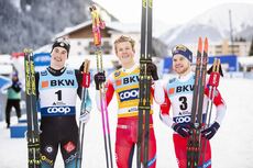 NordicFocus 14.12.2019, Davos, Switzerland (SUI):Lucas Chanavat (FRA), Johannes Hoesflot Klaebo (NOR), Haavard Solaas Taugboel (NOR), (l-r) - FIS world cup cross-country, individual sprint, Davos (SUI). www.nordicfocus.com. © Modica/NordicFocus. Every downloaded p