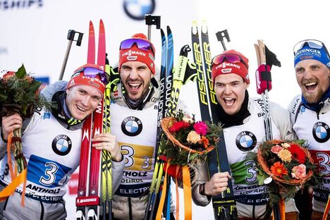 NordicFocus 22.02.2020, Antholz, Italy (ITA):Benedikt Doll (GER), Arnd Peiffer (GER), Philipp Horn (GER), Erik Lesser (GER), (l-r) - IBU World Championships Biathlon, relay men, Antholz (ITA). www.nordicfocus.com. © Modica/NordicFocus. Every downloaded picture is f