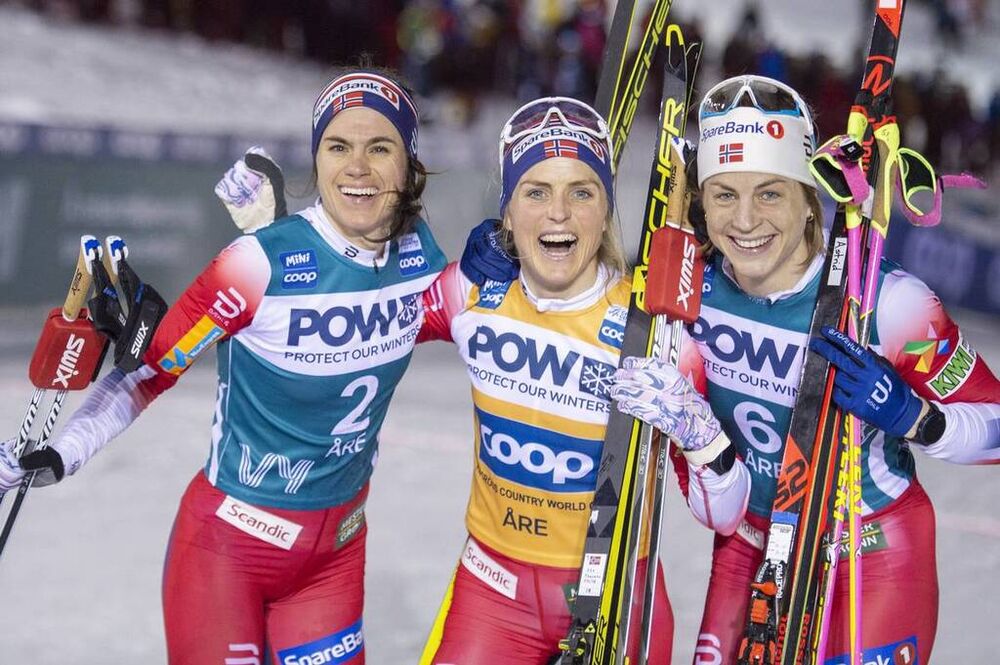 18.02.2020, Are, Sweden (SWE):Heidi Weng (NOR), Therese Johaug (NOR), Astrid Uhrenholdt Jacobsen (NOR), (l-r)  - FIS world cup cross-country, individual sprint, Are (SWE). www.nordicfocus.com. © Thibaut/NordicFocus. Every downloaded picture is fee-liabl