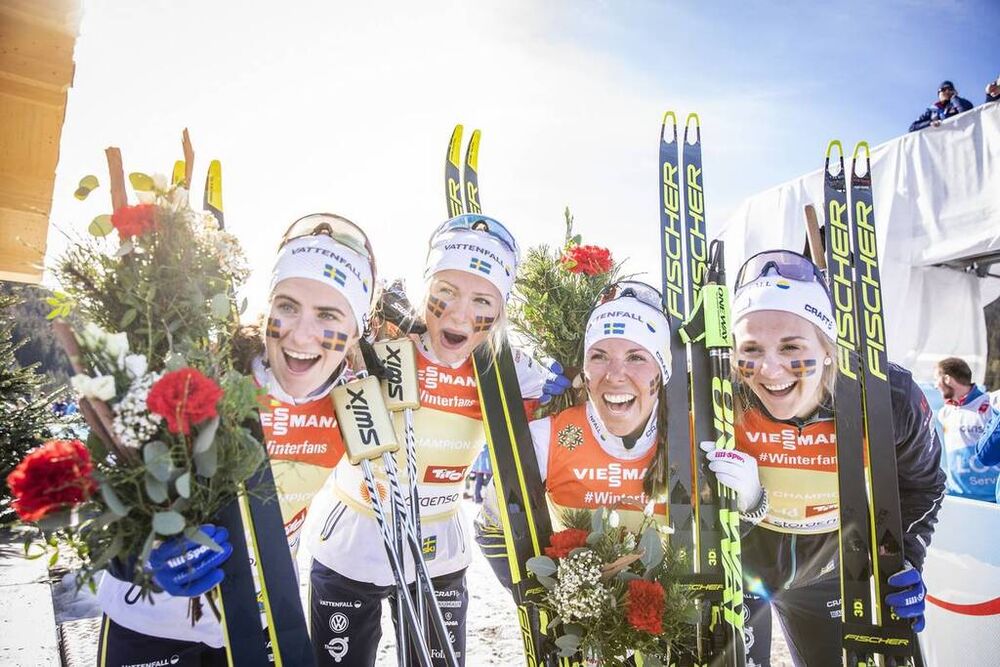 28.02.2019, Seefeld, Austria (AUT):Ebba Andersson (SWE), Frida Karlsson (SWE), Charlotte Kalla (SWE), Stina Nilsson (SWE), (l-r)  - FIS nordic world ski championships, cross-country, 4x5km women, Seefeld (AUT). www.nordicfocus.com. © Modica/NordicFocus.