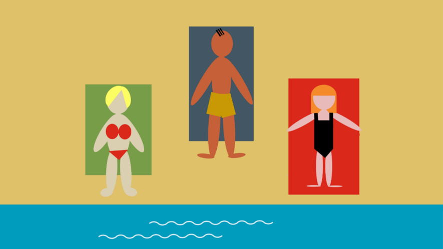 Illustrasjon med tre mennesker på stranda