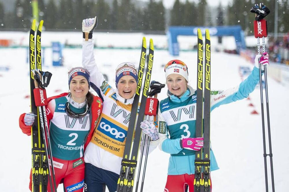 23.02.2020, Trondheim, Norway (NOR):Heidi Weng (NOR), Therese Johaug (NOR), Ingvild Flugstad Oestberg (NOR), (l-r)  - FIS world cup cross-country, pursuit women, Trondheim (NOR). www.nordicfocus.com. © Thibaut/NordicFocus. Every downloaded picture is fe