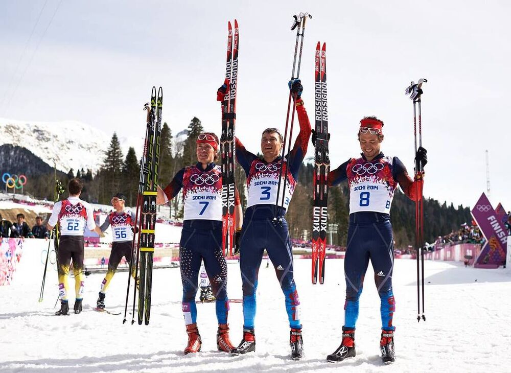 23.02.2014, Sochi, Russia (RUS): Maxim Vylegzhanin (RUS), Alexander Legkov (RUS), Ilia Chernousov (RUS), (l-r)- XXII. Olympic Winter Games Sochi 2014, cross-country, 50km men, Sochi (RUS). www.nordicfocus.com. © NordicFocus. Every downloaded picture is