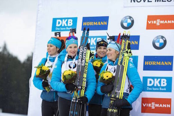 07.03.2020, Nove Mesto, Czech Republic (CZE):Chloe Chevalier (FRA), Julia Simon (FRA), Anais Bescond (FRA), Justine Braisaz (FRA), (l-r) - IBU world cup biathlon, relay women, Nove Mesto (CZE). www.nordicfocus.com. © Manzoni/NordicFocus. Every downloade