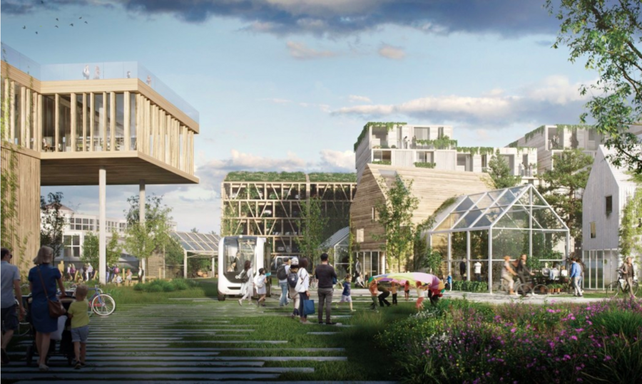Første byggetrinn i prosjektet Ny By – Ny Flyplass i Bodø skal bli et nullutslippsområde og er pilot i forskningssenteret ZEN. Illustrasjon: Team Henning Larsen Illustrasjon av prosjektet Ny By - Ny Flyplass i Bodø