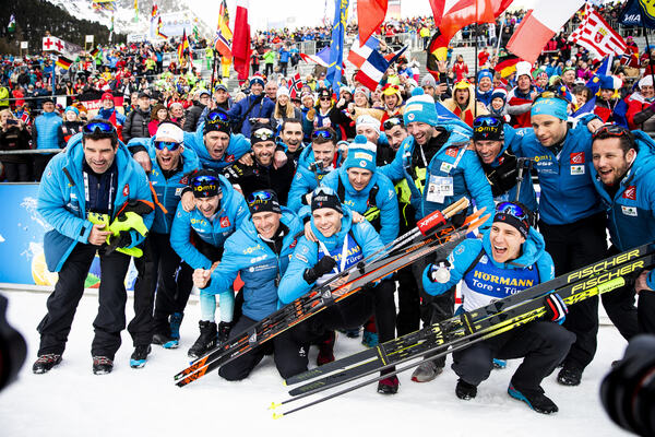 23.02.2020, Antholz, Italy (ITA):Emilien Jacquelin (FRA), Quentin Fillon Maillet (FRA), (l-r) - IBU world championships biathlon, medals, Antholz (ITA). www.nordicfocus.com. © Modica/NordicFocus. Every downloaded picture is fee-liable.