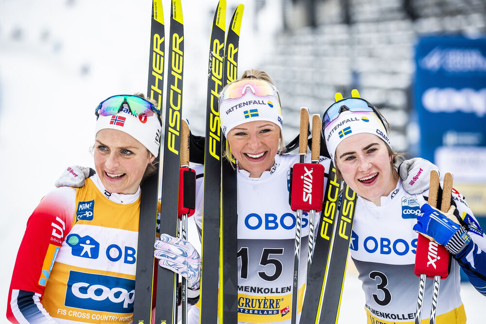 07.03.2020, Oslo, Norway (NOR):Therese Johaug (NOR), Frida Karlsson (SWE), Ebba Andersson (SWE), (l-r)  - FIS world cup cross-country, mass women, Oslo (NOR). www.nordicfocus.com. © Modica/NordicFocus. Every downloaded picture is fee-liable.