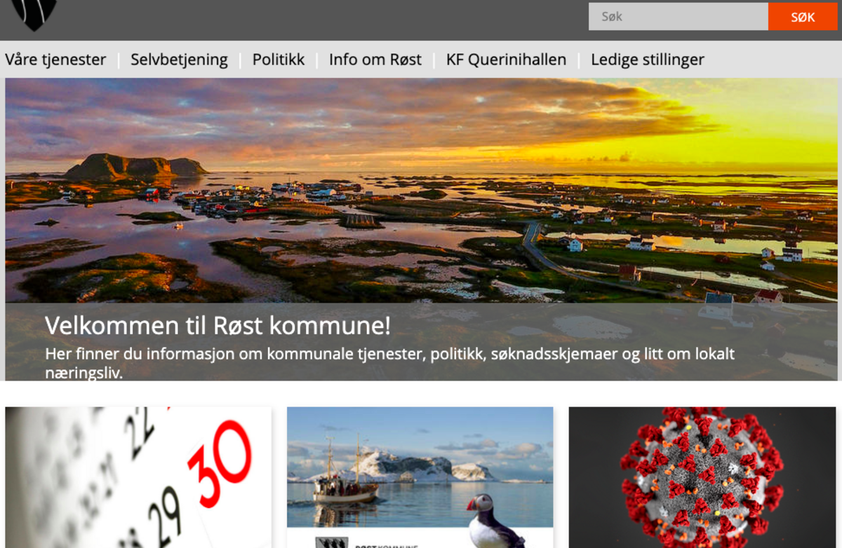 Røst kommunes nettsted, utsnitt fra forsiden