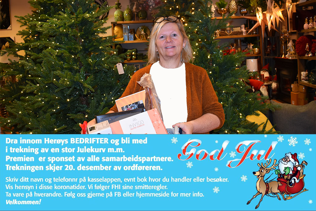 Bedrifter går sammen om julekurv_Mariann med kurv 2020