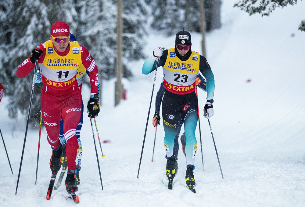 29.11.2019, Ruka, Finland (FIN):Alexander Bolshunov (RUS), Lucas Chanavat (FRA), (l-r)  - FIS world cup cross-country, individual sprint, Ruka (FIN). www.nordicfocus.com. © Modica/NordicFocus. Every downloaded picture is fee-liable.