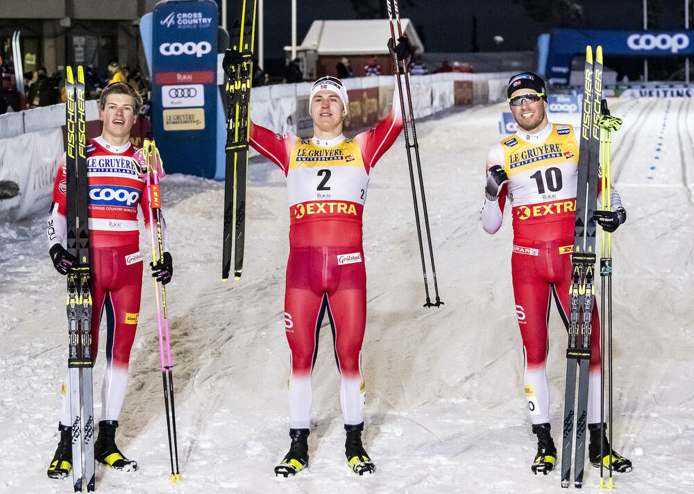 27.11.2020, Ruka, Finland (FIN):Johannes Hoesflot Klaebo (NOR), Erik Valnes (NOR), Emil Iversen (NOR), (l-r)  - FIS world cup cross-country, individual sprint, Ruka (FIN). www.nordicfocus.com. © Modica/NordicFocus. Every downloaded picture is fee-liable