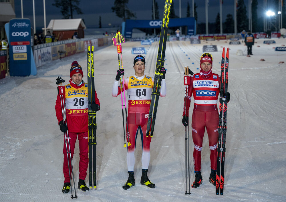 28.11.2020, Ruka, Finland (FIN):Alexey Chervotkin (RUS), Johannes Hoesflot Klaebo (NOR), Alexander Bolshunov (RUS), (l-r)  - FIS world cup cross-country, 15km men, Ruka (FIN). www.nordicfocus.com. © Vianney Thibaut/NordicFocus. Every downloaded picture