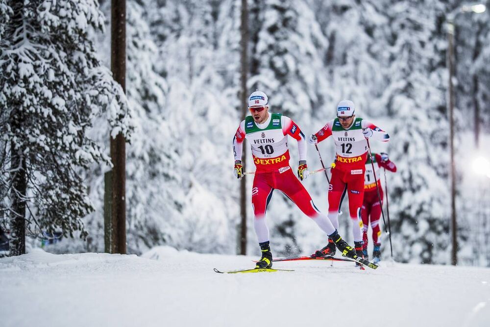 29.11.2020, Ruka, Finland (FIN):Sindre Bjoernestad Skar (NOR), Haavard Solaas Taugboel (NOR), (l-r)  - FIS world cup cross-country, pursuit men, Ruka (FIN). www.nordicfocus.com. © Modica/NordicFocus. Every downloaded picture is fee-liable.