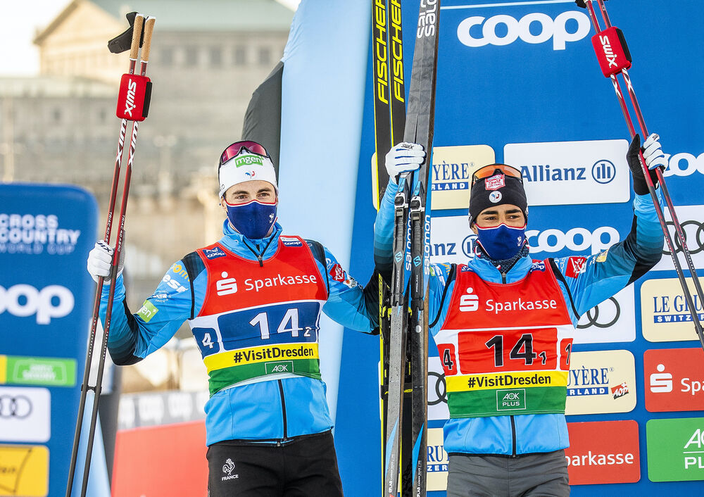 20.12.2020, Dresden, Germany (GER):Richard Jouve (FRA), Lucas Chanavat (FRA), (l-r)  - FIS world cup cross-country, team sprint, Dresden (GER). www.nordicfocus.com. © Modica/NordicFocus. Every downloaded picture is fee-liable.