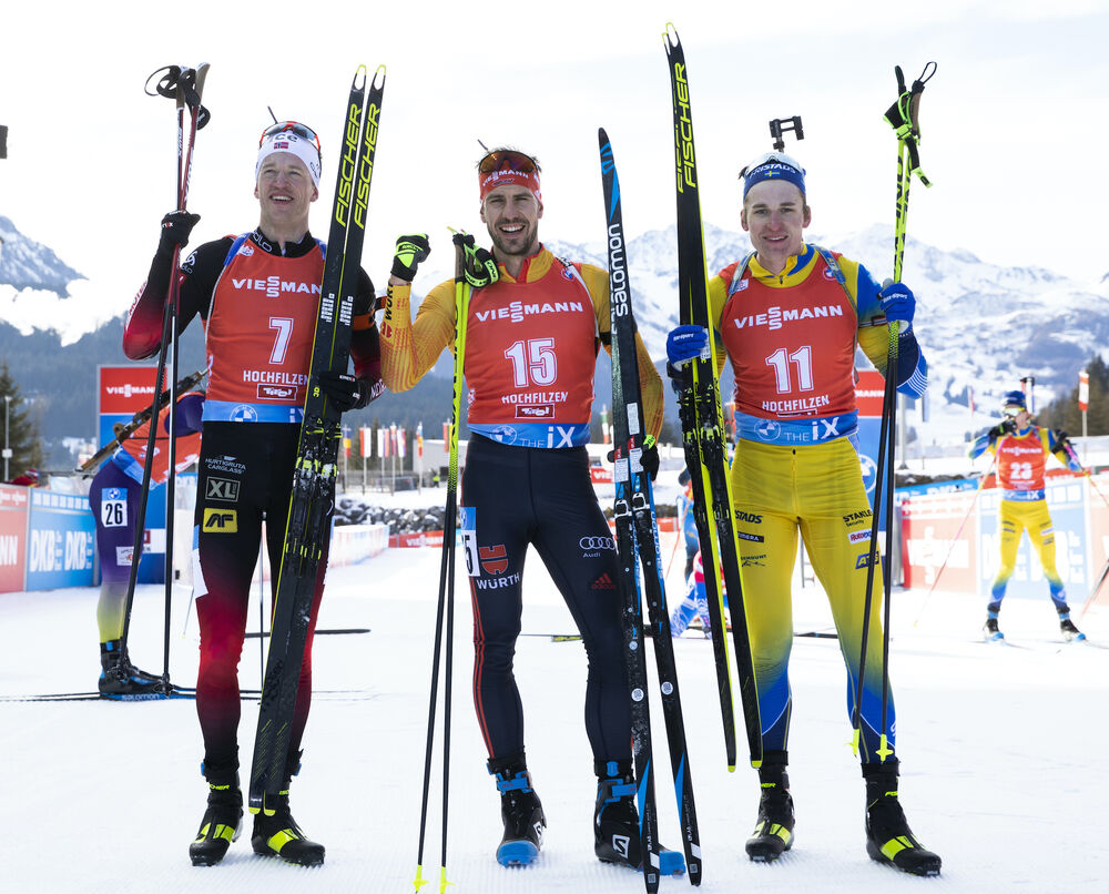 20.12.2020, Hochfilzen, Austria (AUT):Tarjei Boe (NOR), Arnd Peiffer (GER), Martin Ponsiluoma (SWE), (l-r) -  IBU World Cup Biathlon, mass men, Hochfilzen (AUT). www.nordicfocus.com. © Manzoni/NordicFocus. Every downloaded picture is fee-liable.