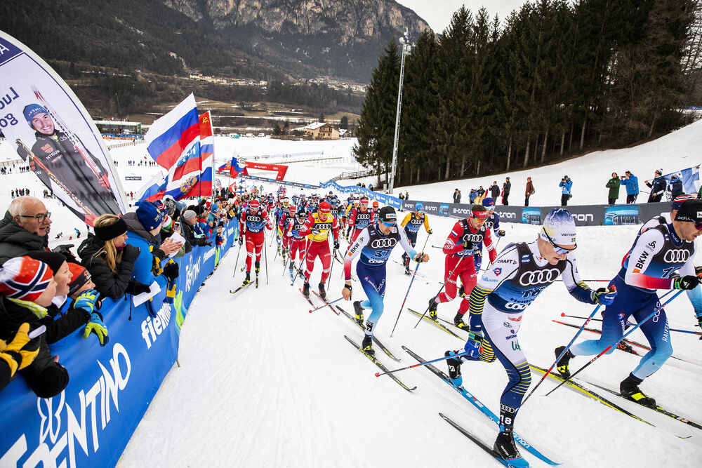 03.01.2020, Val di Fiemme, Italy (ITA):Jens Burman (SWE), Ueli Schnider (SUI), Alexander Bolshunov (RUS), (l-r)  - FIS world cup cross-country, tour de ski, mass men, Val di Fiemme (ITA). www.nordicfocus.com. © Modica/NordicFocus. Every downloaded pictu