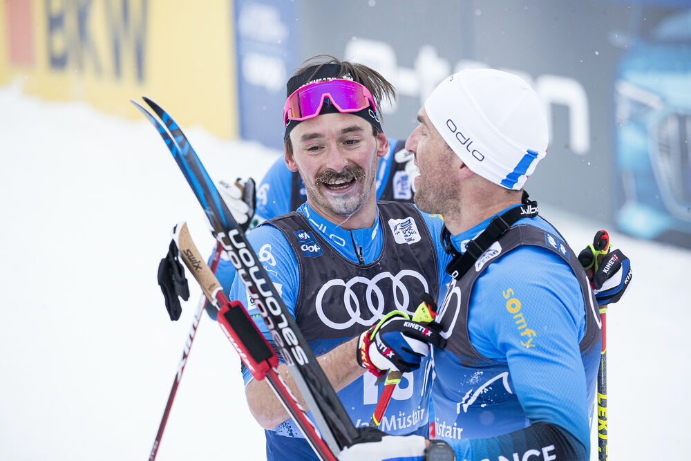 03.01.2021 Val Mustair, Switzerland (SUI):Hugo Lapalus (FRA), Maurice Manificat (FRA), (l-r)  - FIS world cup cross-country, tour de ski, pursuit men, Val Mustair (SUI). www.nordicfocus.com. © Modica/NordicFocus. Every downloaded picture is fee-liable.