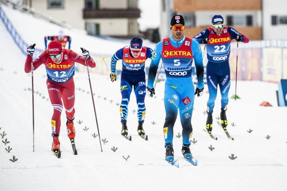 09.01.2021, Val di Fiemme, Italy (ITA):Juho Mikkonen (FIN), Ilia Semikov (RUS), Richard Jouve (FRA), Roman Furger (SUI), (l-r)  - FIS world cup cross-country, tour de ski, individual sprint, Val di Fiemme (ITA). www.nordicfocus.com. © Modica/NordicFocus