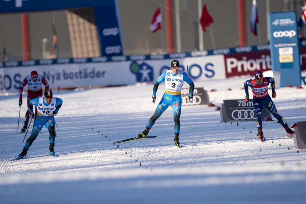06.02.2021, Ulricehamn, Sweden (SWE):Richard Jouve (FRA), Lucas Chanavat (FRA), Federico Pellegrino (ITA), (l-r)  - FIS world cup cross-country, individual sprint, Ulricehamn (SWE). www.nordicfocus.com. © Thibaut/NordicFocus. Every downloaded picture is