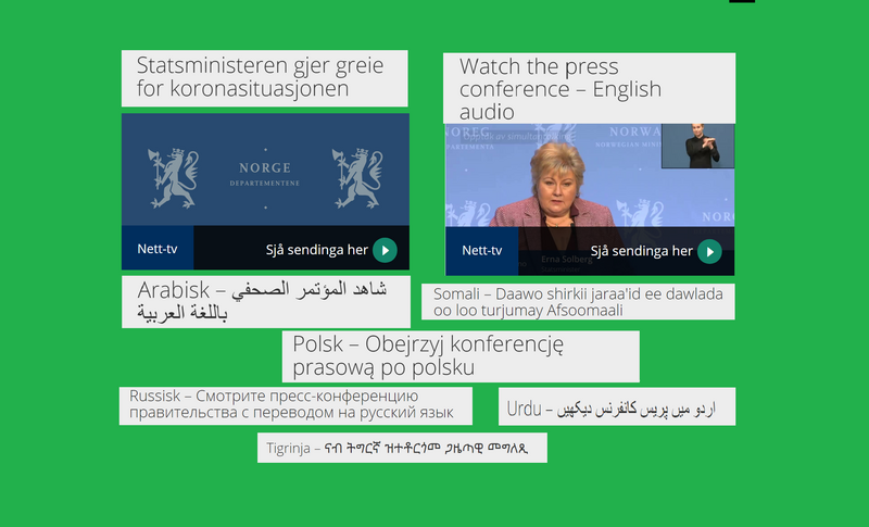 Regjeringens pressekonferanse tirsdag 9. mars oversatt til flere språk Regjeringens pressekonferanse tirsdag 9. mars oversatt til flere språk