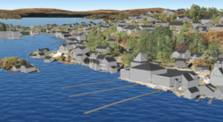 3D-modellen med bygninger, vegetasjon og kaianlegg.