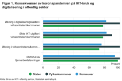 I figur 1 ser vi andelen statlige virksomheter, fylkeskommuner og kommuner som sier de har hatt en økning i ulike aktiviteter som følge av koronapandemien. Grafikk: SSB