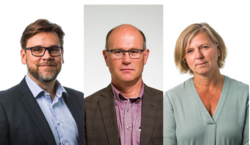 Nils Kristian Klev, leder i Allmennlegeforeningen (t.v.), Ole Johan Bakke, medlem av Legeforeningens sentralstyre og kommuneoverlege i Holmestrand kommune og Anne-Karin Rime, leder i Overlegeforeningen. Foto: Legeforeningen.