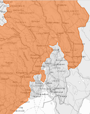 Bilde av kart over område med oransje farevarsel Bilde av kart over område med oransje farevarsel