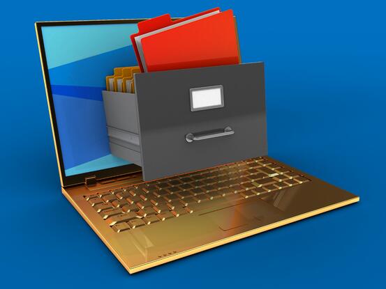 3d illustration of golden computer over blue background with blue screen and archive