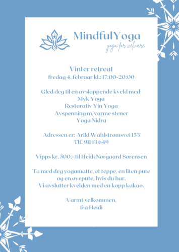 Invitasjon/info om vinterretreat. Blått med hvite snøroser.