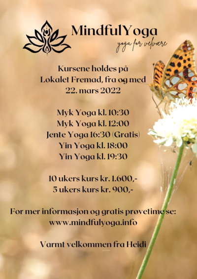 MindfulYoga, informasjon med sommerfugl, priser-kurs-tider