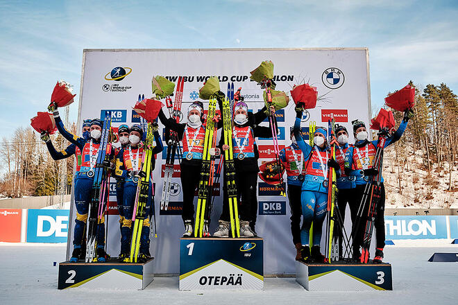 13.03.2022, Otepaeae, Estonia (EST):Podium - IBU World Cup Biathlon, mixed relay, Otepaeae (EST). www.biathlonworld.com Â© Osula/IBU. Handout picture by the International Biathlon Union. For editorial use only. Resale or distribution is prohibited.